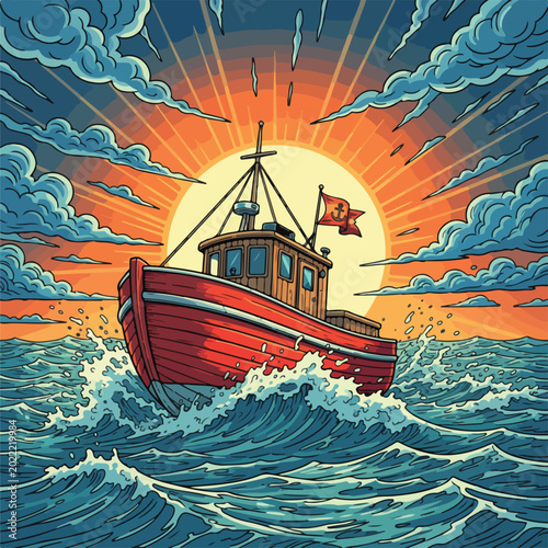 Canvas-taulu Vibrant oil painting of a fishing boat navigating through turbulent waves with a