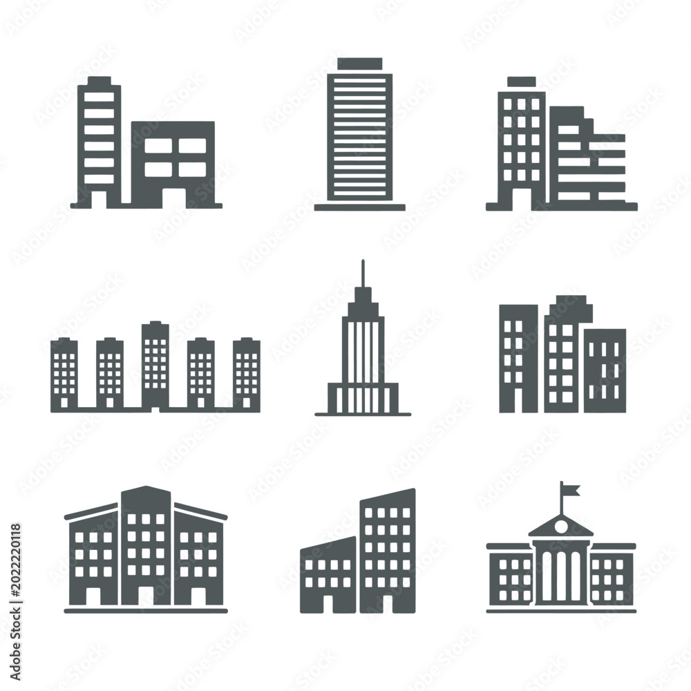 Obraz premium Collection of various city building icons in gray silhouette style, urban architecture symbols.