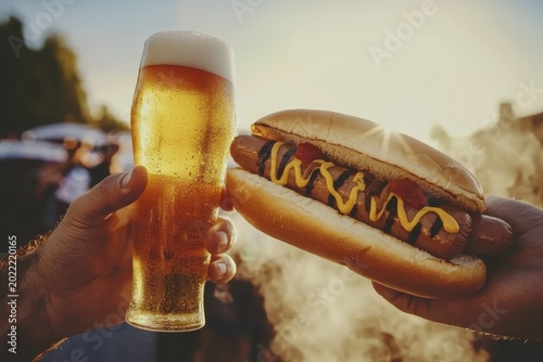 Cheers to summer: cold beer and delicious grilled hot dog at sunset