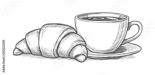 Fotografi Hand drawn croissant and coffee cup saucer food