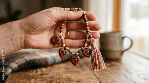 Person holding a handmade wooden bead bracelet with red heart charms illustration