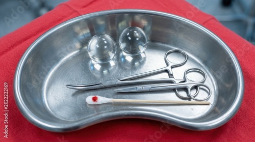 Medical surgical tools in a stainless steel kidney tray on red surface illustration