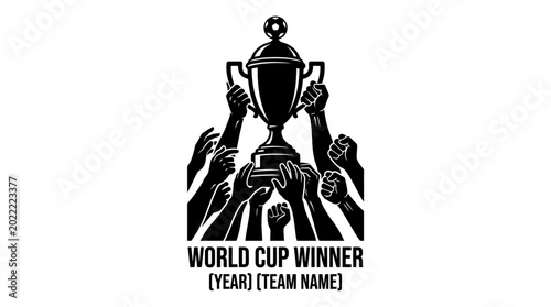 Black and white illustration of hands lifting a championship trophy cup.