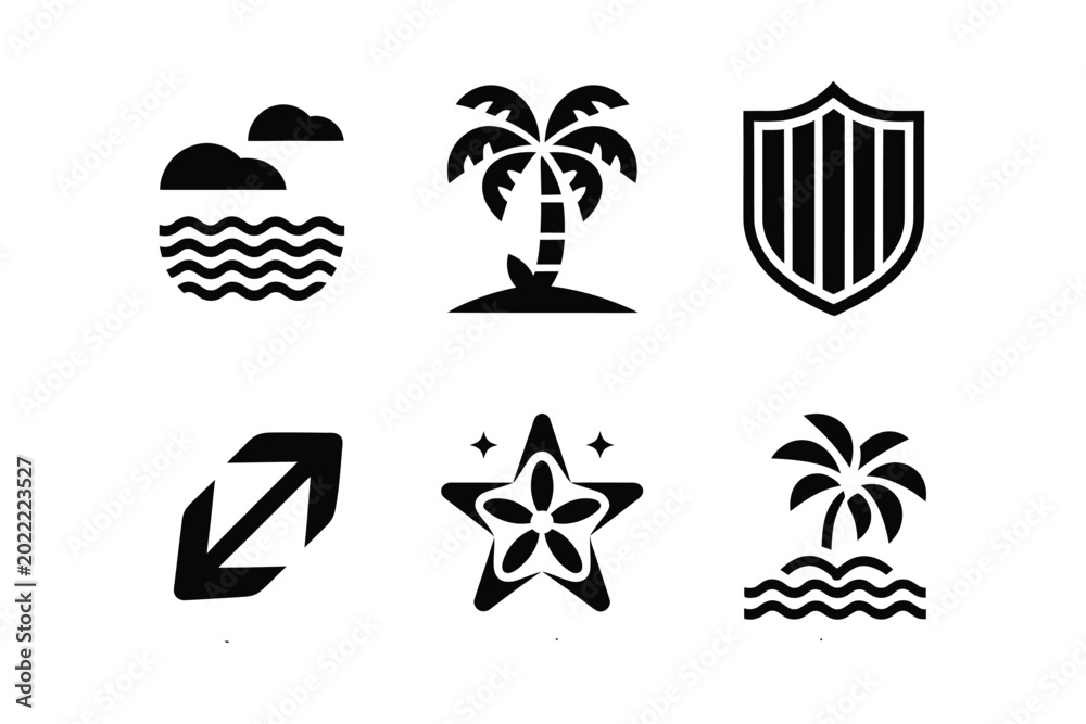 Fototapeta premium A set of six black depicting beach and summer themes including clouds over waves, a palm tree on an island, a striped shield, a double arrow, a starfish, and a palm tree over waves