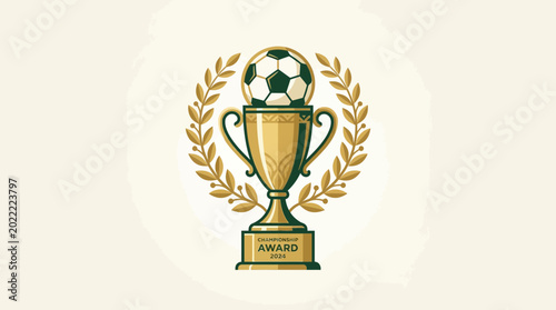 Golden football championship trophy with laurel wreath emblem.