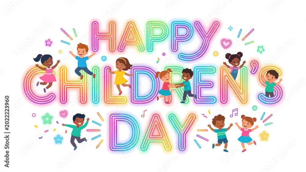 Αυτοκόλλητο Happy Children's Day Celebration: A vibrant and joyous illustration of children celebrating a special day with colorful lettering and cheerful imagery, symbolizing childhood, happiness, and innocence