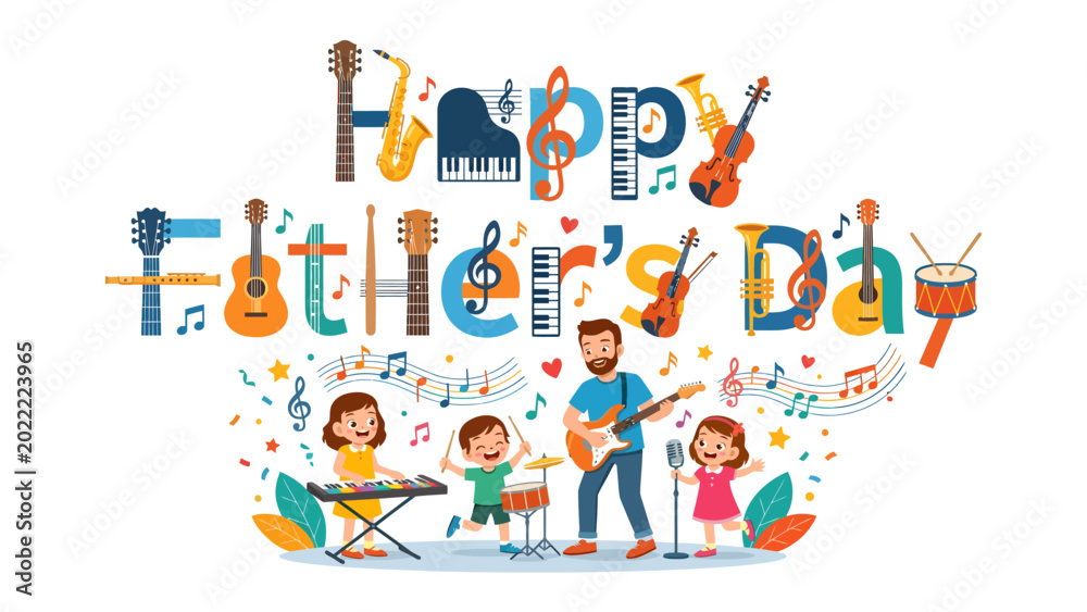 Αυτοκόλλητο Melodic Father's Day Celebration: A vibrant, musical illustration that features a father playing guitar with his children, harmonizing with musical instruments, representing joy and togetherness