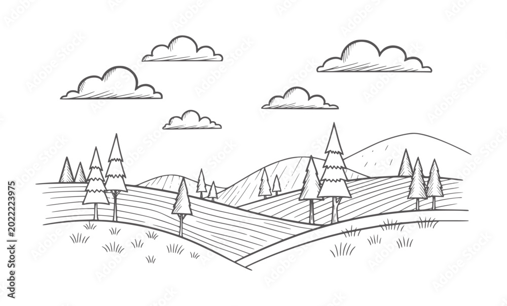 Fototapeta premium Hand drawn of rolling hills with pine trees and clouds landscape nature