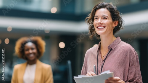 Caucasian female business professional smiling while holding documents in a modern office environment with a colleague blurred in the background