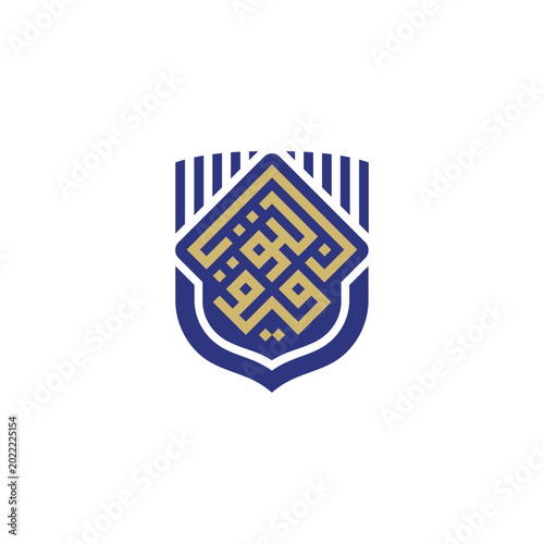 Premium Islamic shield logo with elegant gold Arabic calligraphy 'التوفيق' (Attaufik / At-Taufik) on deep blue background. Classic crest design with vertical stripes and luxurious royal feel. 