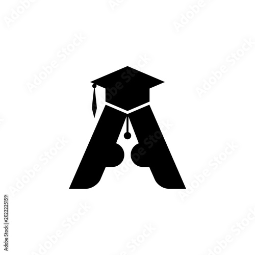 Modern elegant black logo combining graduation cap and letter A. Clean minimalist design symbolizing academic excellence, education, and achievement. 