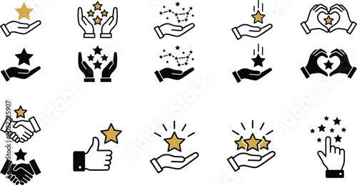 Fotografie Blue and gold outlined hand gesture icon set featuring stars, hearts, and teamwo