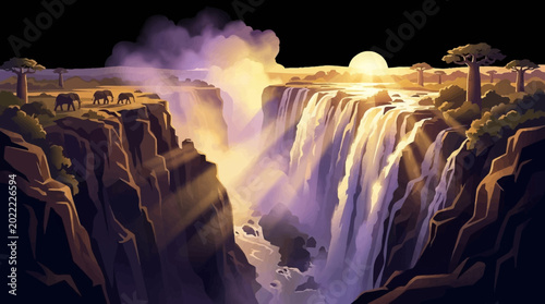 Victoria Falls at sunset with elephants on cliff edge Africa
