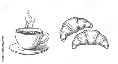 Fotografía Steaming coffee cup with two croissants in style saucer