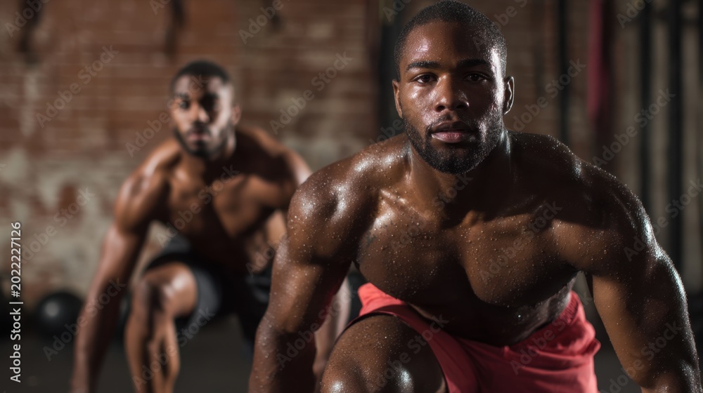 Fototapeta premium Two athletic African American men performing squats in a gym with exposed brick walls and fitness equipment in the background, showcasing strength and determination