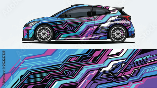 Car with colorful circuit board design.