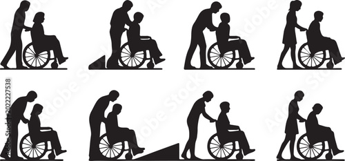 People in wheelchairs silhouettes assisted by caregivers helping individuals with mobility challenges on ramps and flat surfaces.