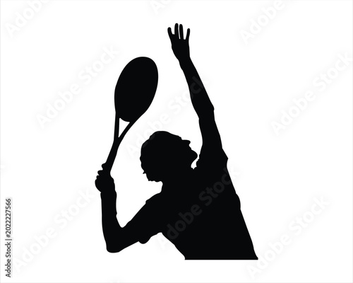 Silhouette of male tennis player serving with racket in dynamic pose isolated on light background, sports training concept, professional athlete action illustration