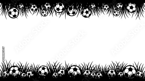 Soccer ball pattern border with grass silhouette elements.