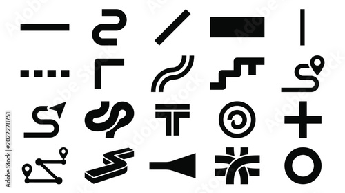Black Geometric Shapes and Symbols on White Background