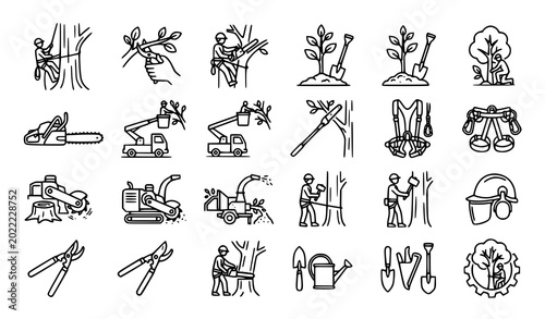 Tableau sur toile Set of professional icons for wood cutting, chainsaws, and arboriculture services