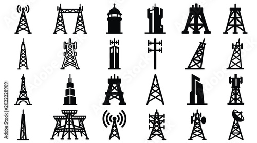 Black Oil Rig Tower Icons on White Background