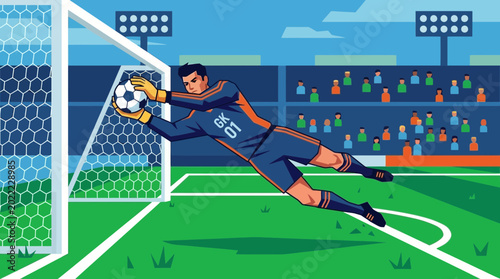 Fotografia Professional soccer goalkeeper making a diving save in the goal net