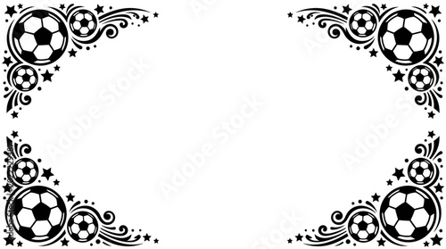 Soccer ball decorative corner frames with swirls and stars.