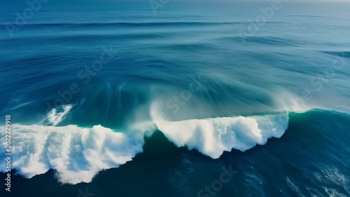aerial view of calm ocean waves, empty space at top for overlay graphics or text, subtle wave motion, ultra realistic, 4k, 5 seconds, stable footage, clean background, no logo