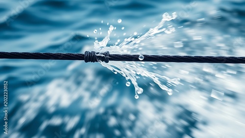 A taut ski tow rope and water droplets in focus against a blurred background.