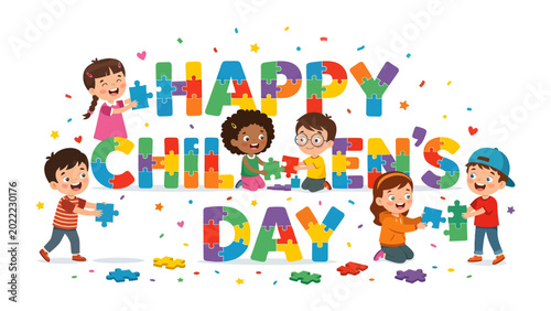 Foto Joyful Children's Day: Adorable children come together to celebrate Children's Day, assembling vibrant puzzle pieces to form the celebratory message