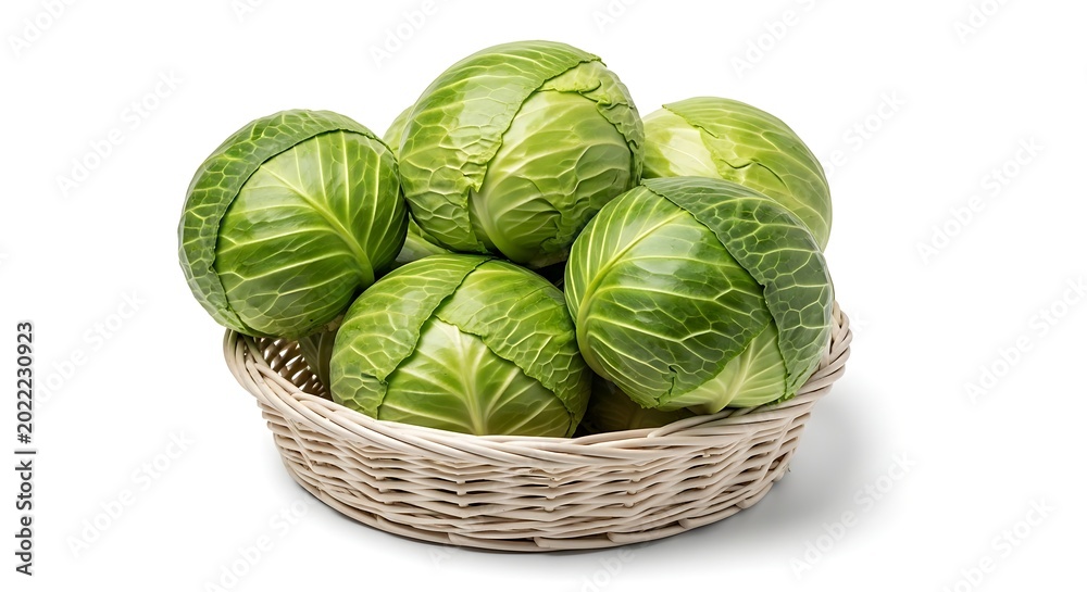 Fototapeta premium Fresh green cabbages in woven basket studio lighting isolated on white