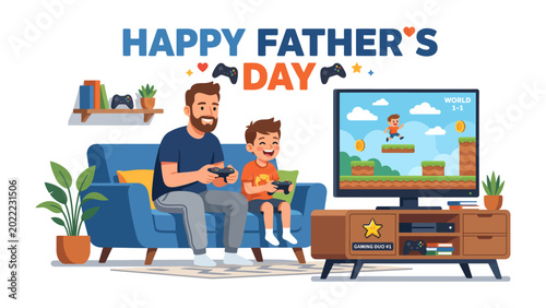 Fotografie Father's Day Fun: A heartwarming illustration captures a father and son sharing a special moment, immersed in a gaming session on Father's Day, fostering bonds of love and shared experience