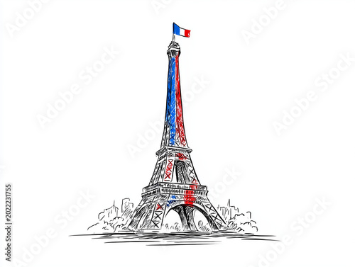 Eiffel tower sketch with french flag colors