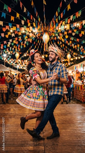 Happy young couple dancing at a traditional Brazilian Festa Junina celebration at night with colorful flags and lanterns