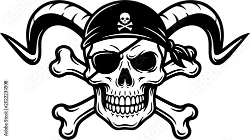 Tableau sur toile Black Pirate Skull Logo with Horns, Crossbones, and Gothic Vector Emblem Design