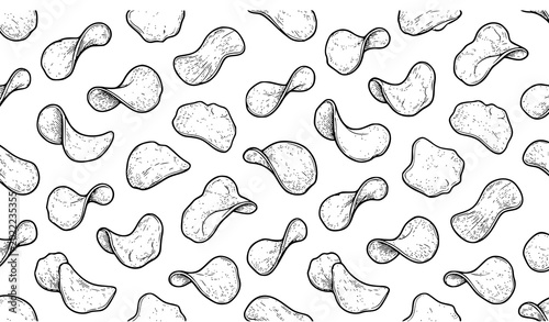 Quadro su tela Seamless potato chips sketch pattern vector in black and white isolated on white