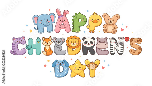 Photography Happy Children's Day Cartoon: Adorable cartoon animals spelling out Happy Children's Day, perfect for celebrating childhood and joy