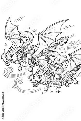 Children flying on dragons coloring page