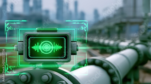 A futuristic digital display shows soundwave data over an industrial pipeline system in a blurred factory setting.