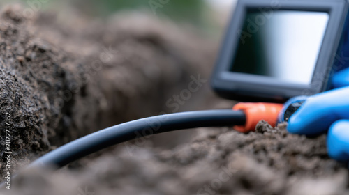Sewer inspection camera with flexible cable and monitor used for underground pipe inspection in soil environment