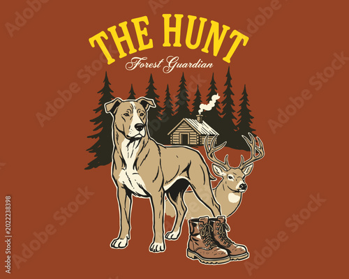 Tableau sur toile Vintage hunting dog illustration with a deer buck and a rustic cabin scene in the forest woods