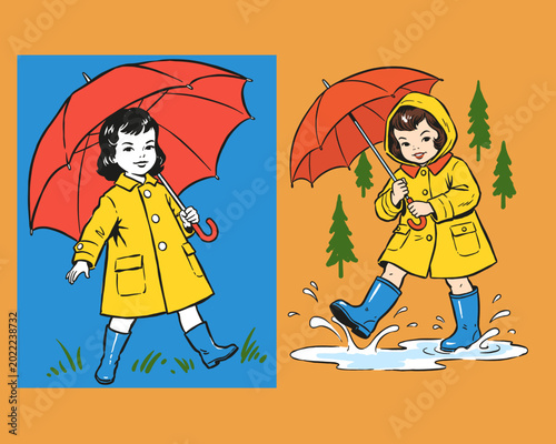 Photography Vintage mid century illustration of a little girl in a yellow raincoat with a red umbrella
