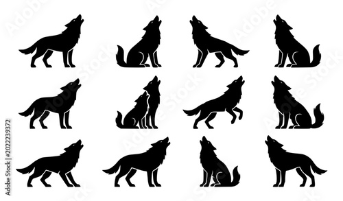 Konstfotografi Wolf pack howling silhouette vector animal icon collection