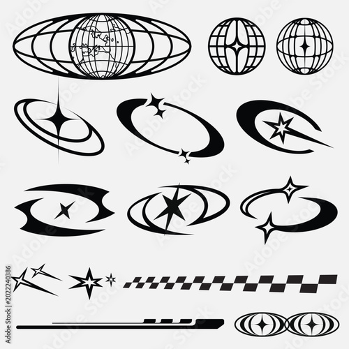 Y2K Futuristic Space Elements Set with Retro Orbit Stars and Globe Shapes Vector Collection