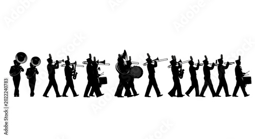 Silhouette of a marching band performing in a line playing various musical instruments in unison on white background