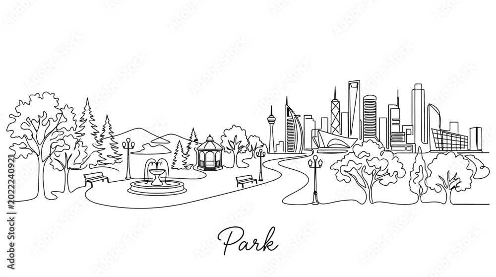 Obraz premium Minimalistic Line Drawing of Urban Park with City Skyline and Nature Elements