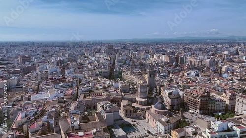 Aerial Drone View of Valencia Cathedral and City Center Spain
