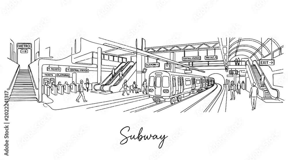 Fototapeta premium Illustrative line drawing of modern urban subway station with escalators and passengers