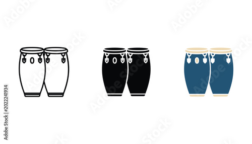 Tableau sur toile Set of three conga drums shown in outline solid black and flat color styles for